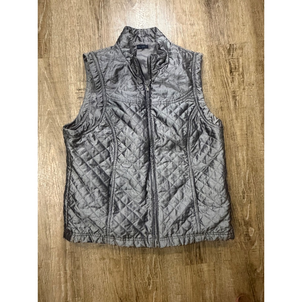 Westbound Womens Quilted Zip Up Vest Metallic Charcoal Gray Mock Neck Size M